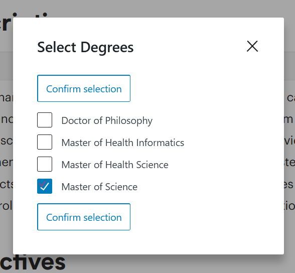 Degrees selection window