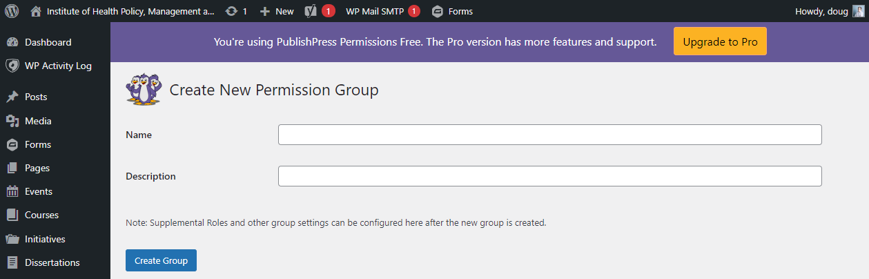 The Create New Permission Group form