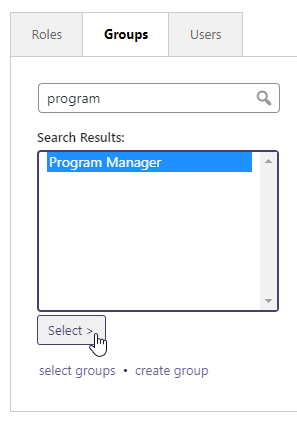 The groups tab of the Edit This Page panel, with an example group selected for use