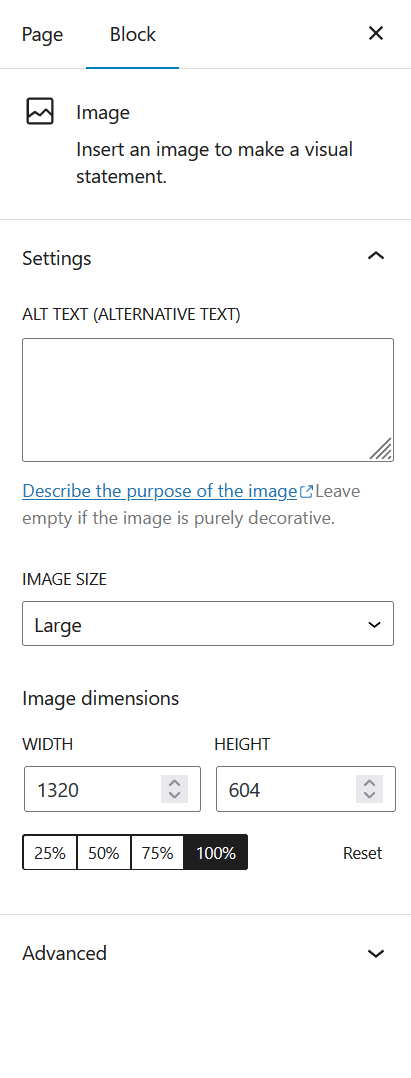 Image block configuration panel