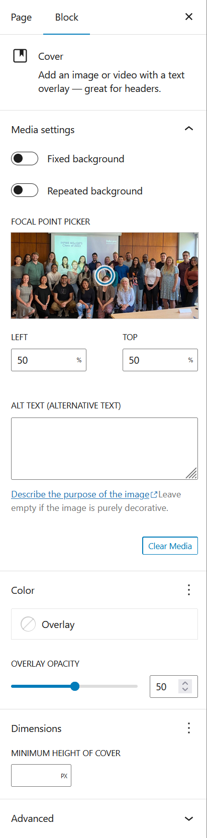 Text over image configuration panel