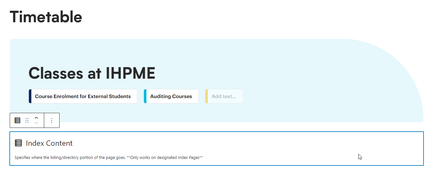 Example of the Index Content block on the Timetable page