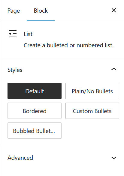 List style configuration panel