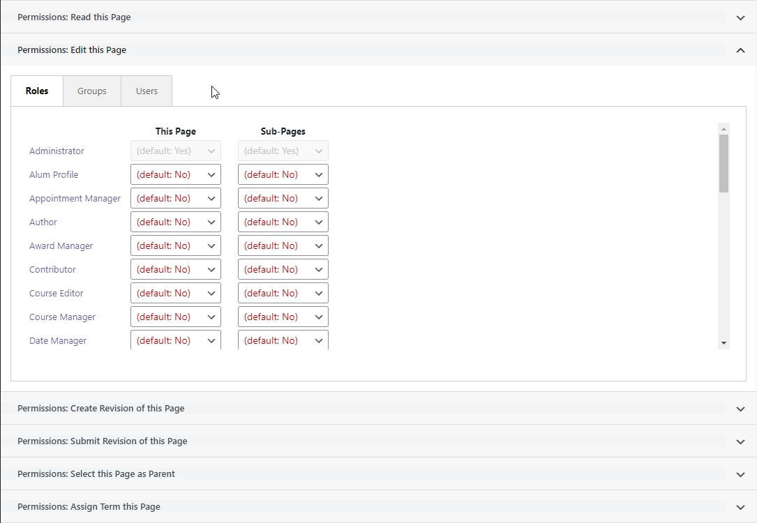 The Permissions metaboxes on the Page editor, with the Edit This Page panel open