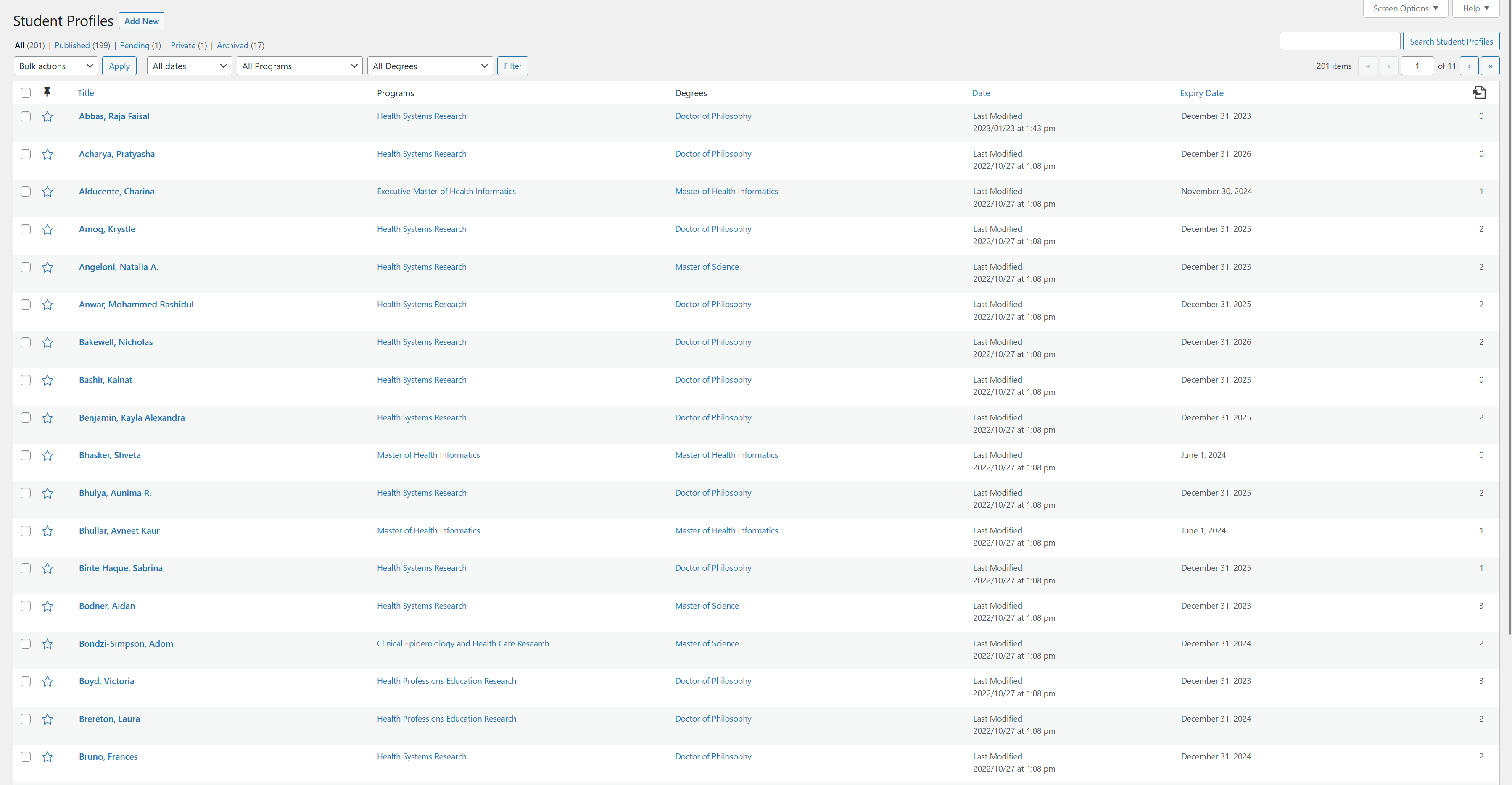 List view of all faculty profiles
