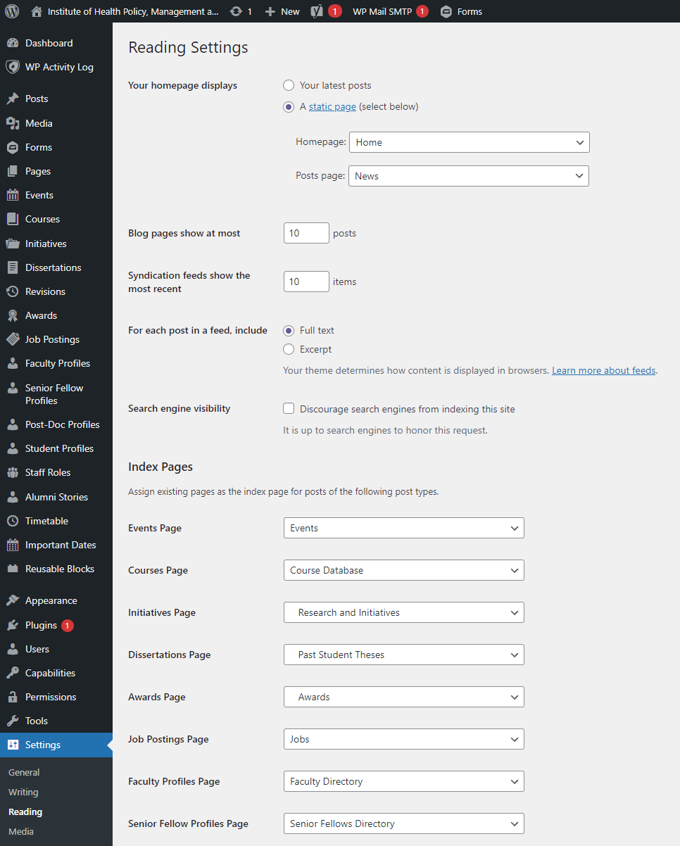 The Reading settings screen