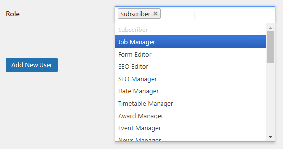 The Role field on the user form, with options visible