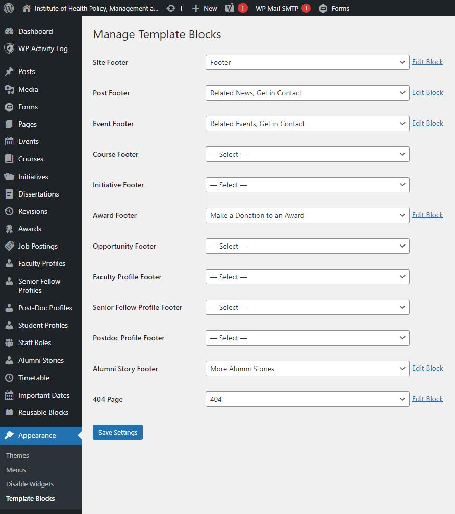 The Template Blocks editor