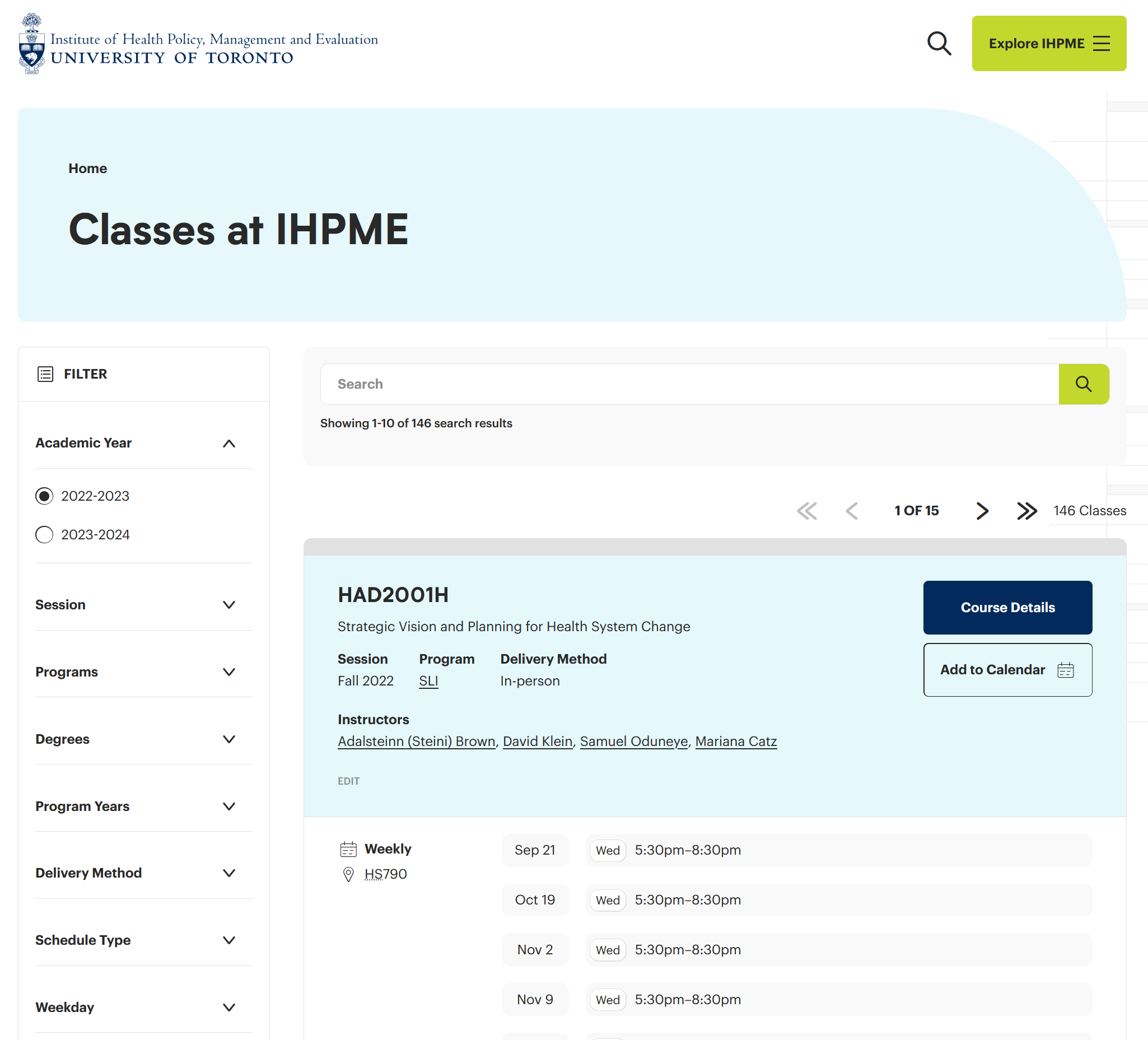 Timetables directory example on live IHPME website