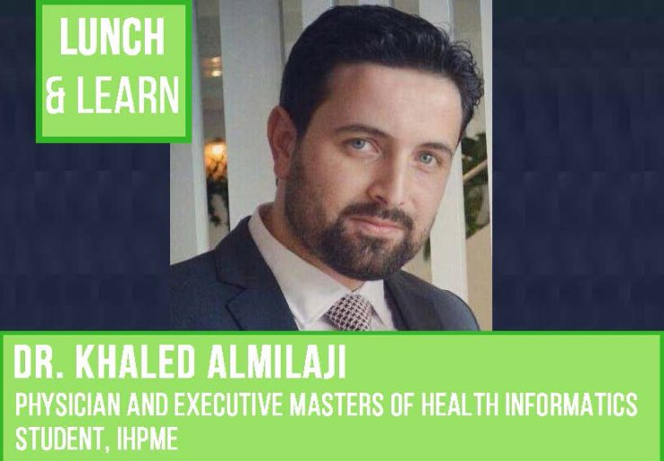 Green Banners overlay image of Dr. Khaled Almilaji for the IHPME GSU Lunch and Learn