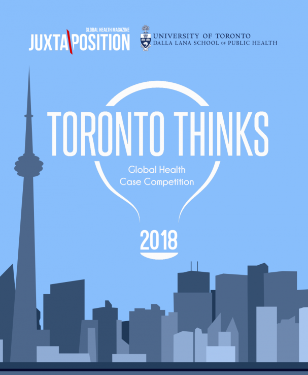 Toronto skyline illustrated with blue background and illustrated light bulb containing the words, Toronto Thinks - event poster