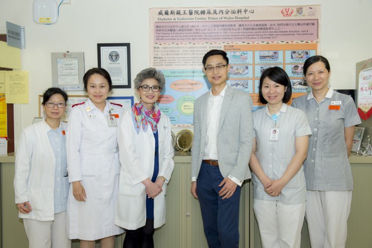 A group of nurses with Dr. Juliana Chan and PhD student Calvin Ke at The Chinese University in Hong Kong, Prince of Wales Hospital.