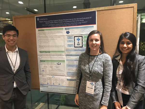 Kevin Leung, Gillian Studwick and Lydia Sequeria stand in front of poster board presentation at Technology in Psychiatry Summit