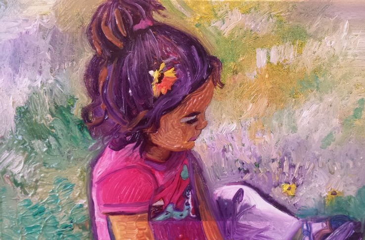 Painting of a child seated with a flower in her hair