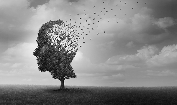 Face made out of leaves with gray cloudy sky in background as some leaves fly away leaving bare branches