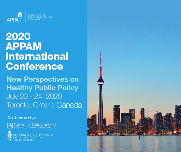 banner for APPAM 2020 with Toronto skyline and blue background