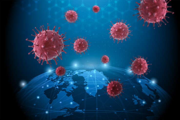 3D rendering coronavirus cell or covid-19 cell pandemic around the world