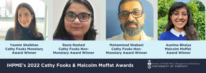Photos of Yasmin Sheikhan, Razia Rashed, Mohammad Shabani, and Aunima Bhuiya in award announcement for 2022 Cathy Fooks and Malcolm Moffat awards