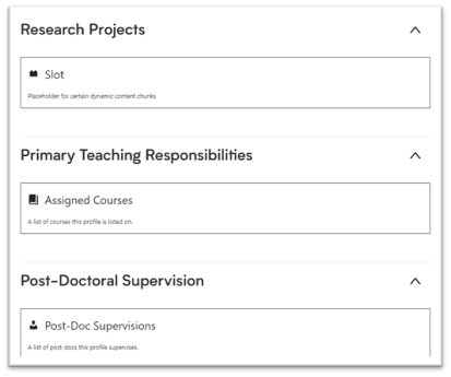 Screenshot of the Research Projects, Primary Teaching Responsibilities and Postdoctoral Supervision sections which are surrounded by a thin outline to indicate that they are pulling the content.