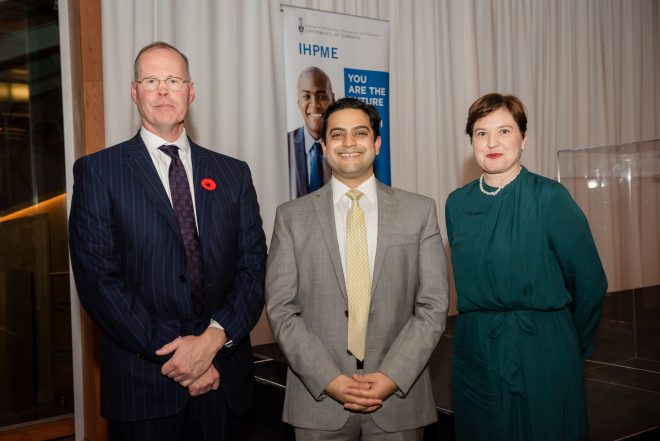 Image of DLSPH Dean Adalsteinn Brown, Dr. Amol Verma, and IHPME Director Audrey Laporte at Moonshot 2023