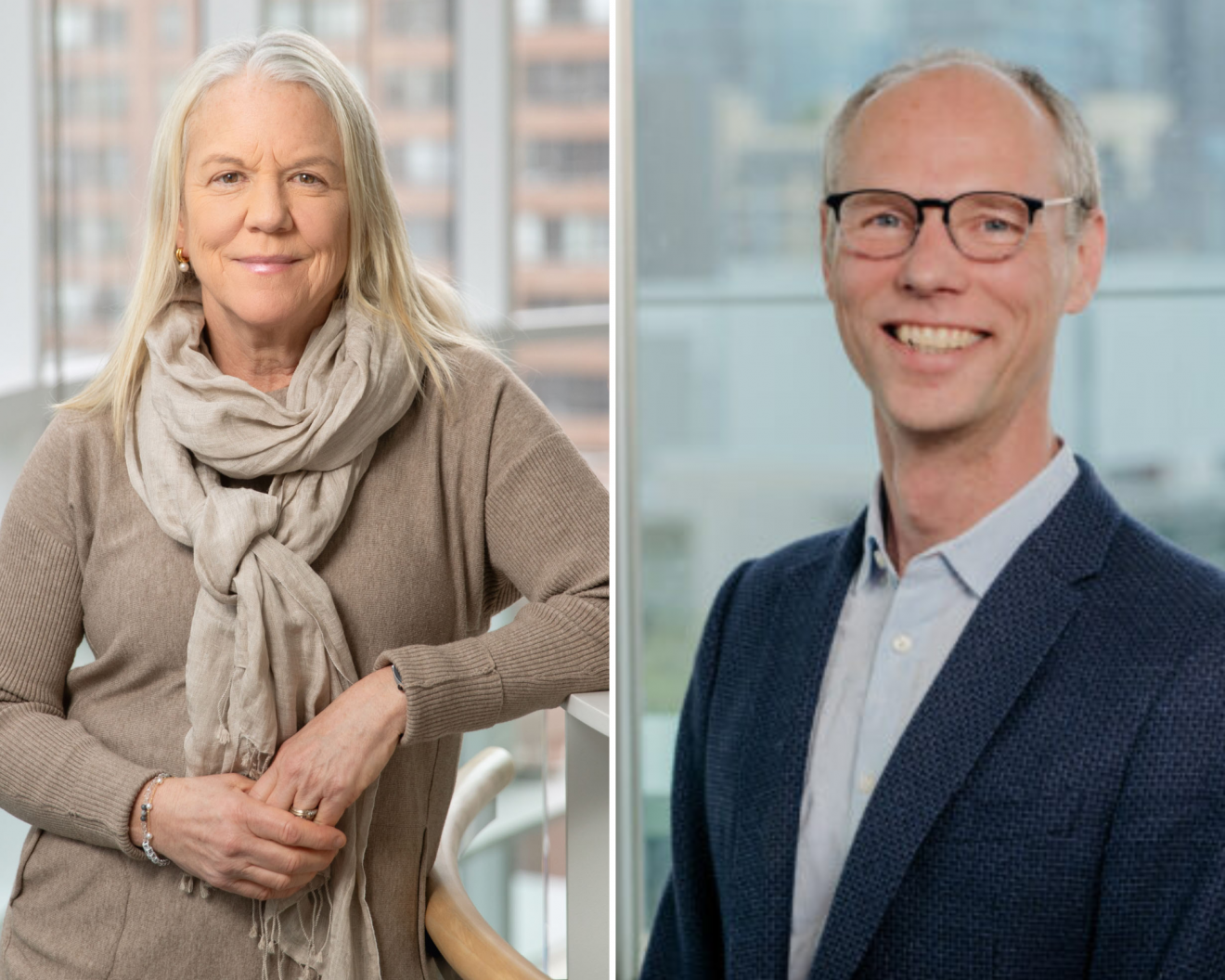 Side-by-side image featuring two professionals. On the left is a woman with long, light hair wearing a beige sweater and scarf, smiling warmly. On the right is a man with short, light hair, glasses, and a friendly smile, dressed in a blue blazer and light shirt. Dr. Jennifer Stinson and Dr. Walter Wodchis are now members of the Canadian Academy of Health Sciences.