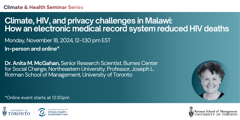 Promotional image for the Climate & Health Seminar Series hosted by the University of Toronto. The event title reads, 'Climate, HIV, and privacy challenges in Malawi: How an electronic medical record system reduced HIV deaths.' The seminar is scheduled for Monday, November 18, 2024, from 12 to 1:30 pm EST, with options to attend in-person or online (online event begins at 12:30 pm). The featured speaker is Dr. Anita M. McGahan, Senior Research Scientist at the Burnes Center for Social Change, Northeastern University, and Professor at the Rotman School of Management, University of Toronto. Logos of the University of Toronto and Rotman School of Management appear at the bottom