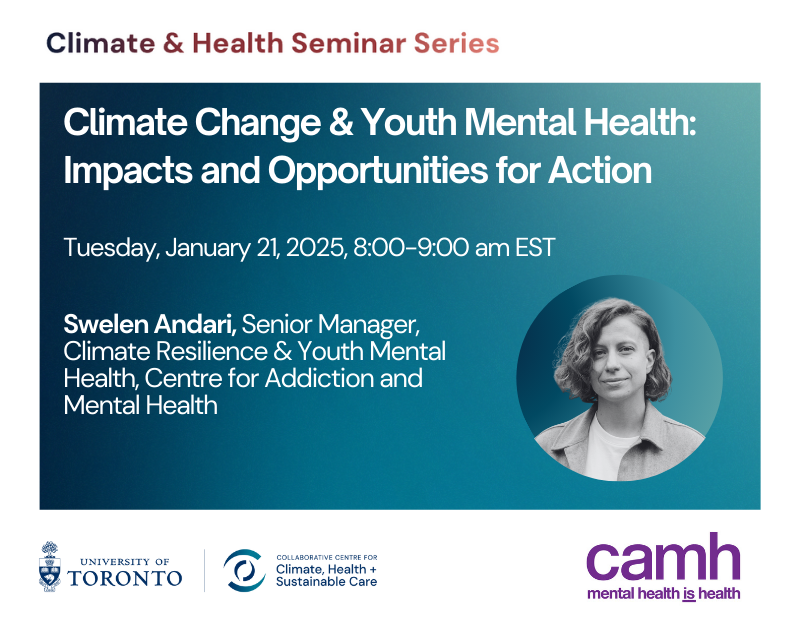 Promotional poster for the Climate & Health Seminar Series. The event is titled 'Climate Change & Youth Mental Health: Impacts and Opportunities for Action' and is scheduled for Tuesday, January 21, 2025, from 8:00–9:00 am EST. The speaker is Swelen Andari, Senior Manager of Climate Resilience & Youth Mental Health at the Centre for Addiction and Mental Health (CAMH). The poster includes logos from the University of Toronto, the Collaborative Centre for Climate, Health + Sustainable Care, and CAMH. A portrait of Swelen Andari appears in a circular frame on the right.