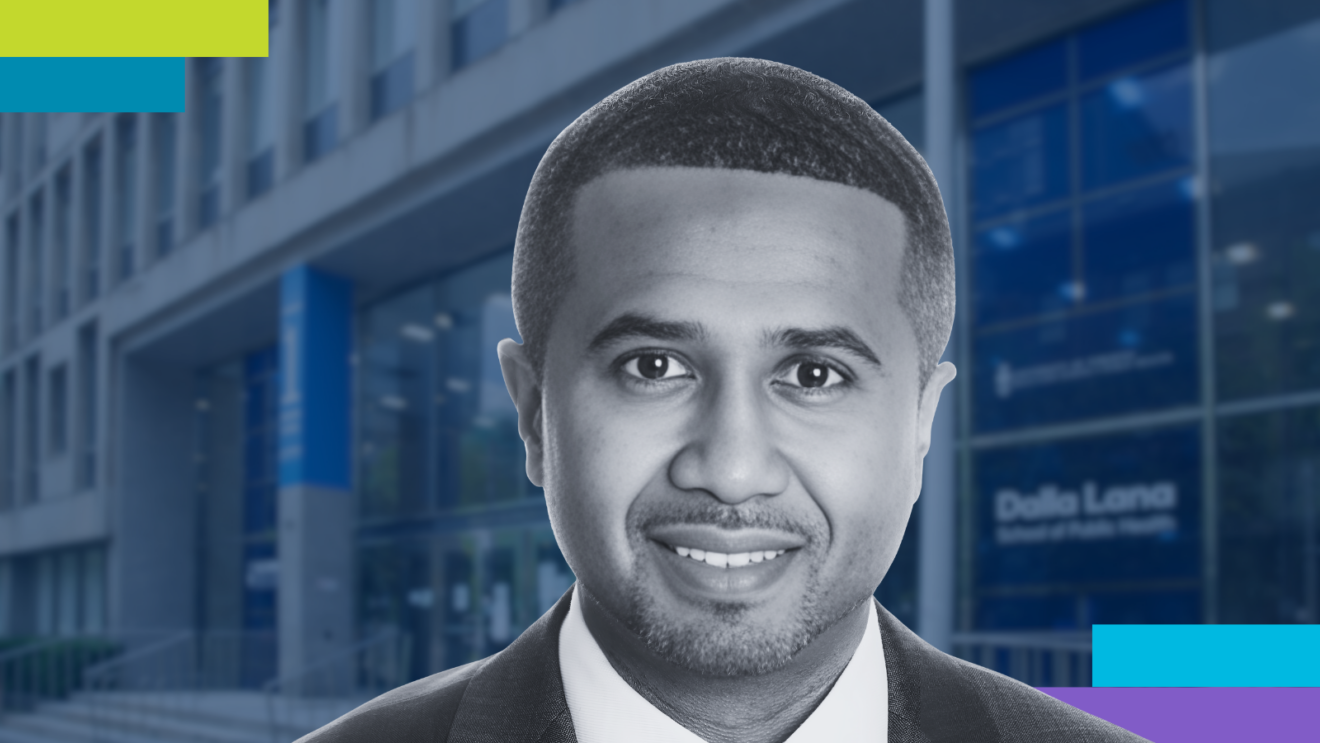 A professional headshot of a man in a suit, smiling, with a blurred background of the Dalla Lana School of Public Health building. The image is edited in a blue monochrome style with geometric color accents in the corners.