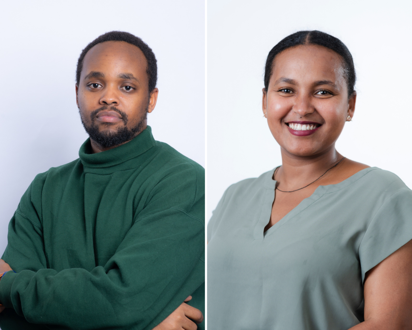 Side-by-side portraits of two Mastercard Foundation Scholars in the Health Administration (MHSc) program. The individual on the left is a man wearing a dark green turtleneck sweater with arms crossed, looking serious. The individual on the right is a woman wearing a sage green blouse, smiling warmly. Both have a neutral background. Two Mastercard Foundation Scholars.