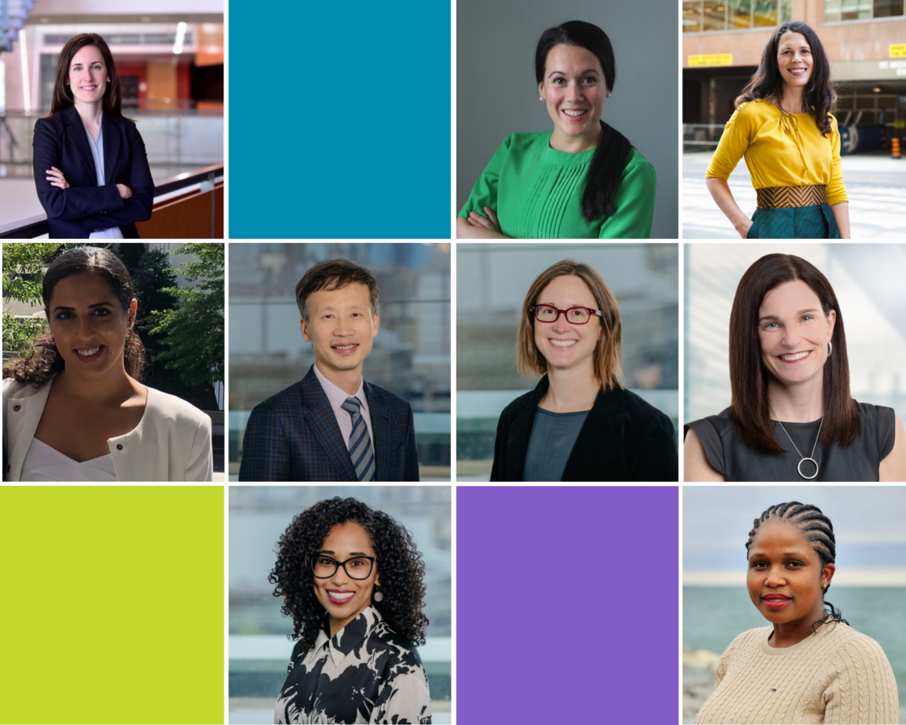 A collage of nine individuals, featuring eight professional headshots of diverse people in various settings, interspersed with three colorful blocks in blue, yellow-green, and purple. Each person is smiling, representing a mix of genders, ethnicities, and styles, conveying a sense of professionalism and diversity.