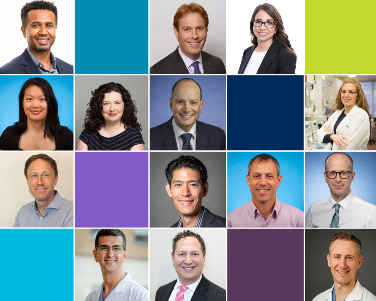 A collage featuring headshots of IHPME faculty members, recognized among Toronto’s Top Doctors, interspersed with colorful blocks in blue, yellow, purple, and navy.