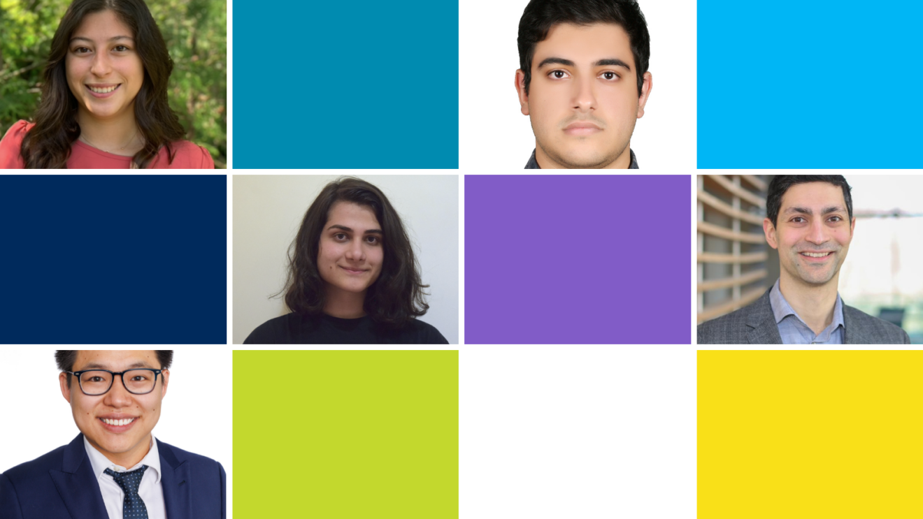A collage of five headshots, the 2025–26 Vector Scholars, arranged in a 3x3 grid, with alternating colored squares in blue, dark blue, light blue, purple, green, and yellow filling the empty spaces; the individuals have varied hairstyles and clothing.
