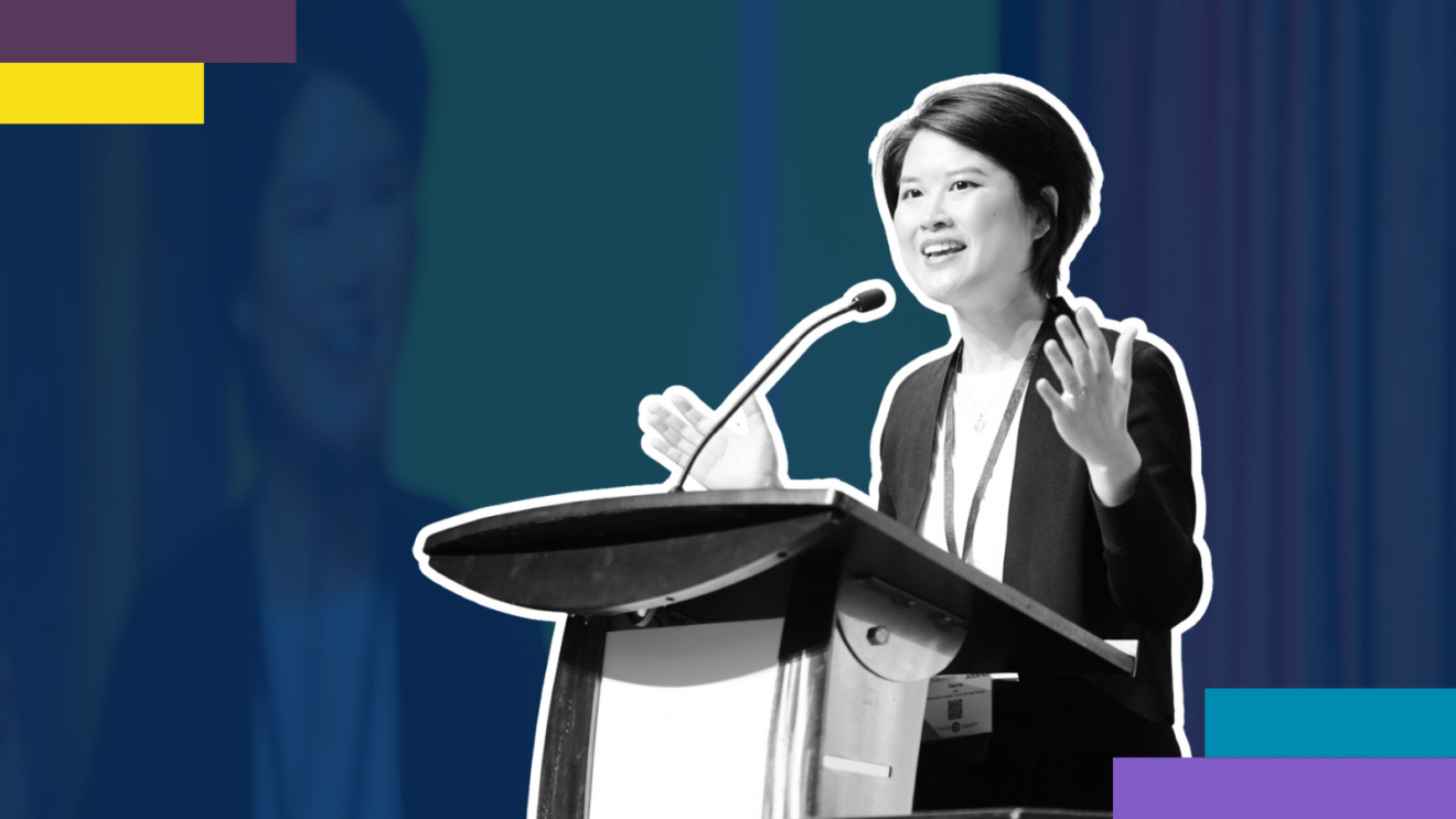 Clara Ho delivering a speech on equity-driven healthcare leadership at the 2025 CCHL National Conference, standing at a podium with a projected image behind her.