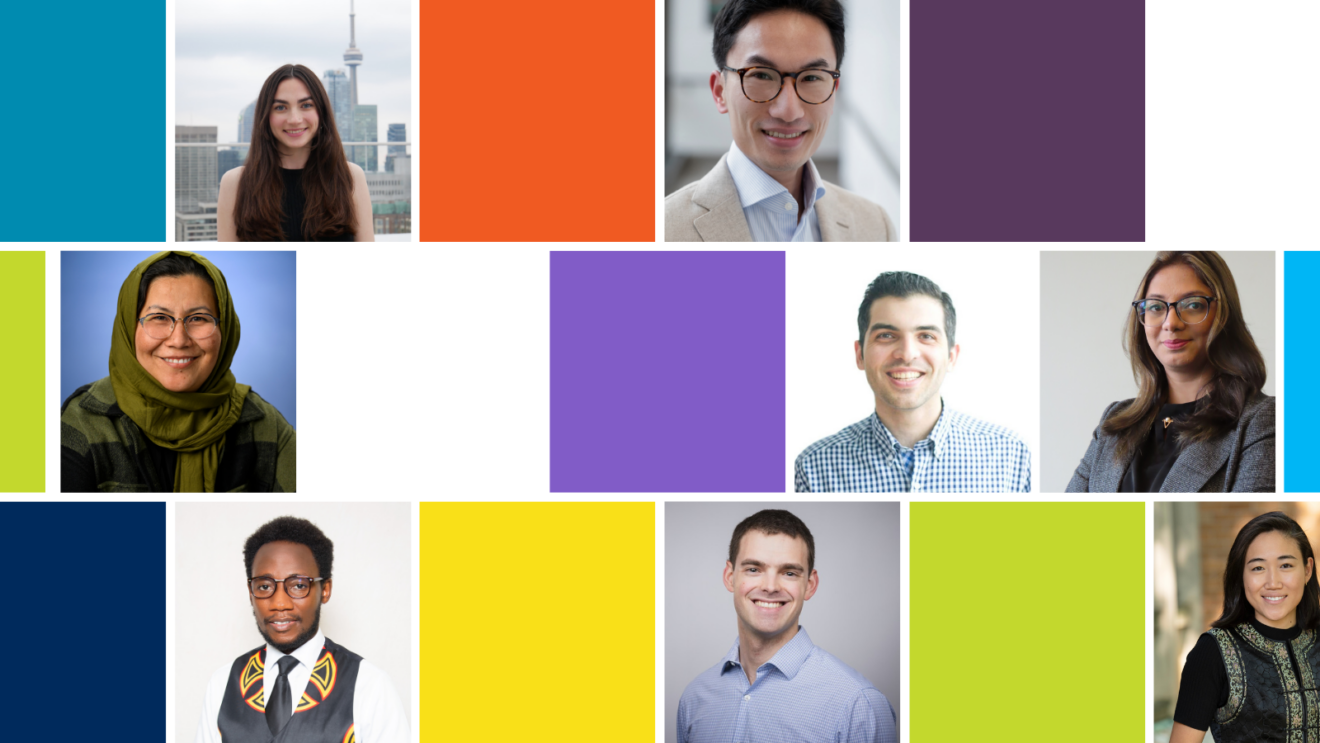 A collage of ten headshots of people, the 2025-26 vanier scholars, arranged in a grid pattern, set against a background of colorful blocks including blue, orange, purple, green, yellow, and navy. The individuals wear a mix of casual, business, and traditional attire, with backgrounds featuring cityscapes and indoor settings.